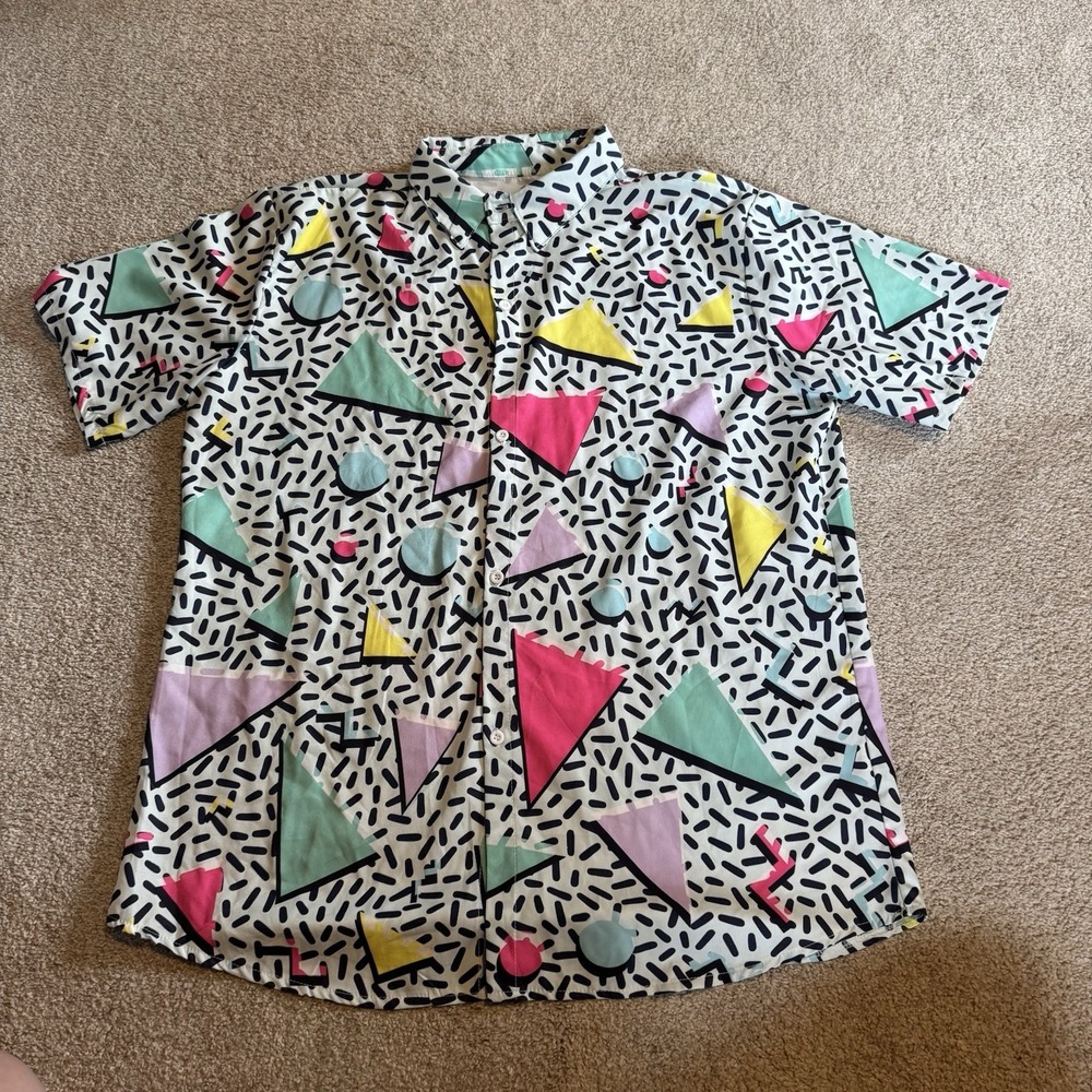 Unisex Short Sleeve Button Up Vibrant 1980s Style Geometric Print Size Large